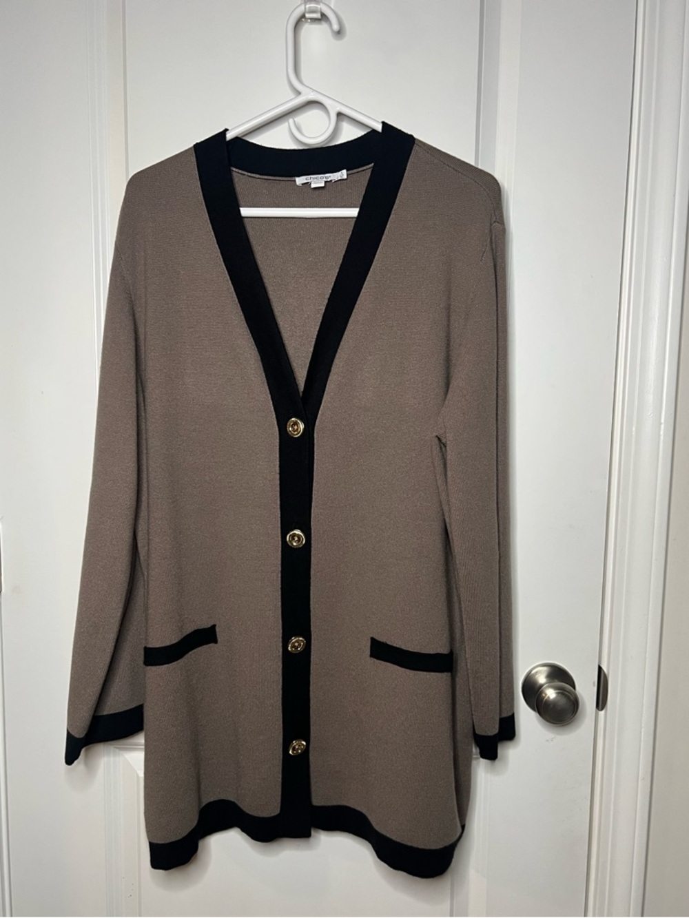Chico’s Travelers Tipped Button-Down Cardigan Sz 3 XL (16/18) Deep Taupe Career